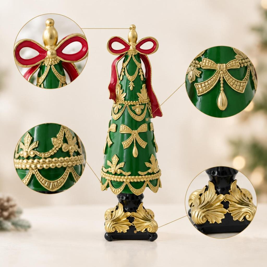 Resin Christmas Tree Figurine Seasonal Tapered Decor with Gold