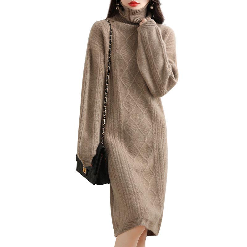 Women's Mid-Length Wool Cashmere Sweater Dress - Bat Sleeve, High Neck, Loose Fit, Autumn/Winter Style