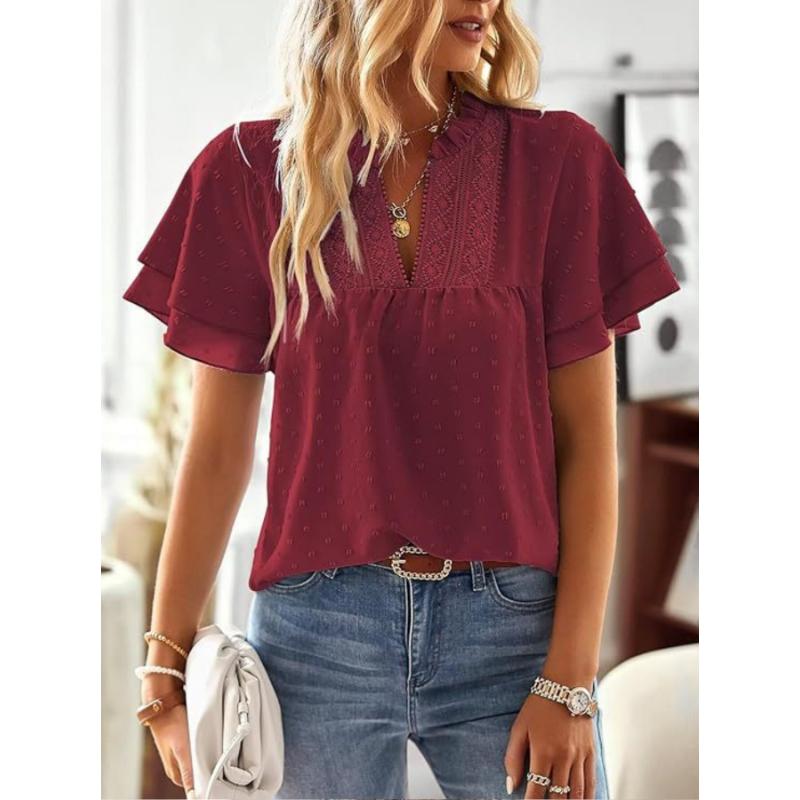 Women's Solid Color V-Neck Blouse Shirt Ladies Fashion CLace Trim & Swiss Dot Accents Blouse