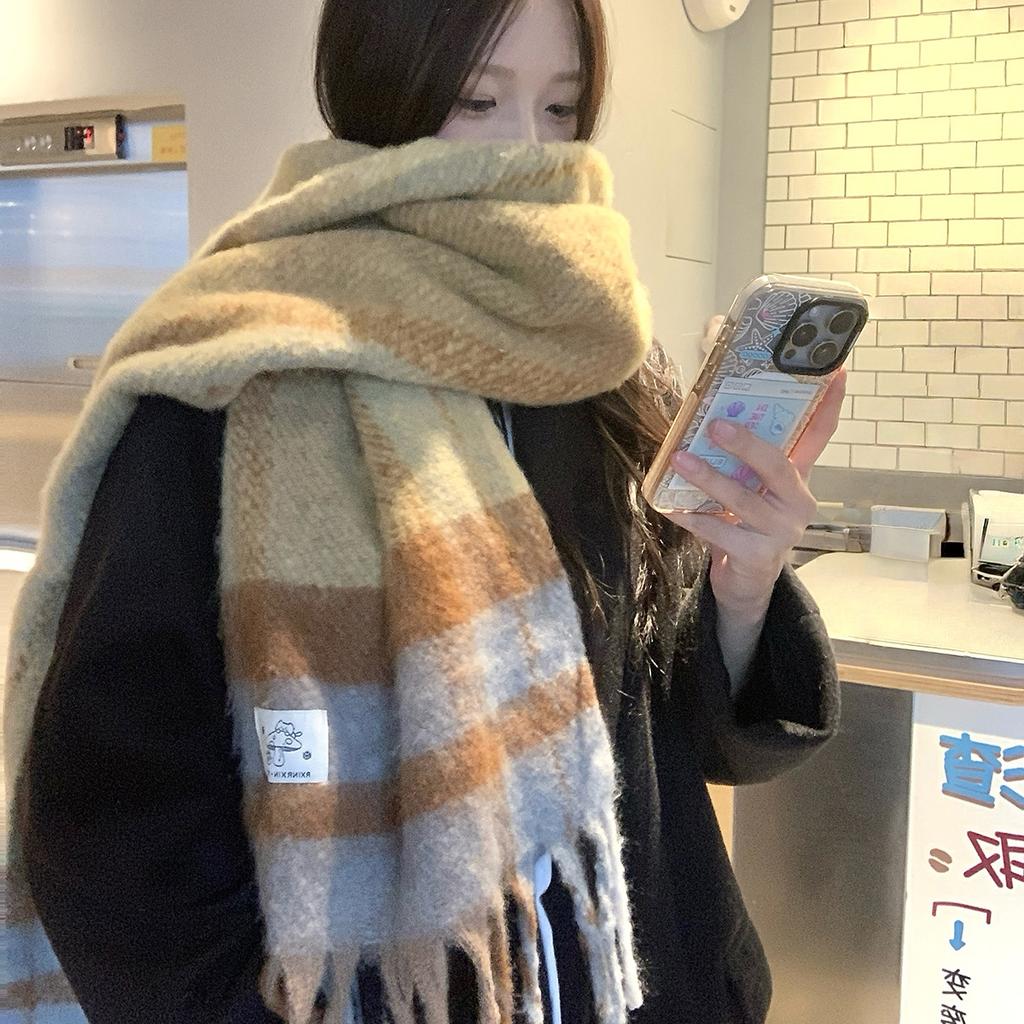 Fashion Korean Version Plaid Imitation Cashmere Scarf Winter Warm Thickened Contrasting Color Student Couple Scarf Long Scarf