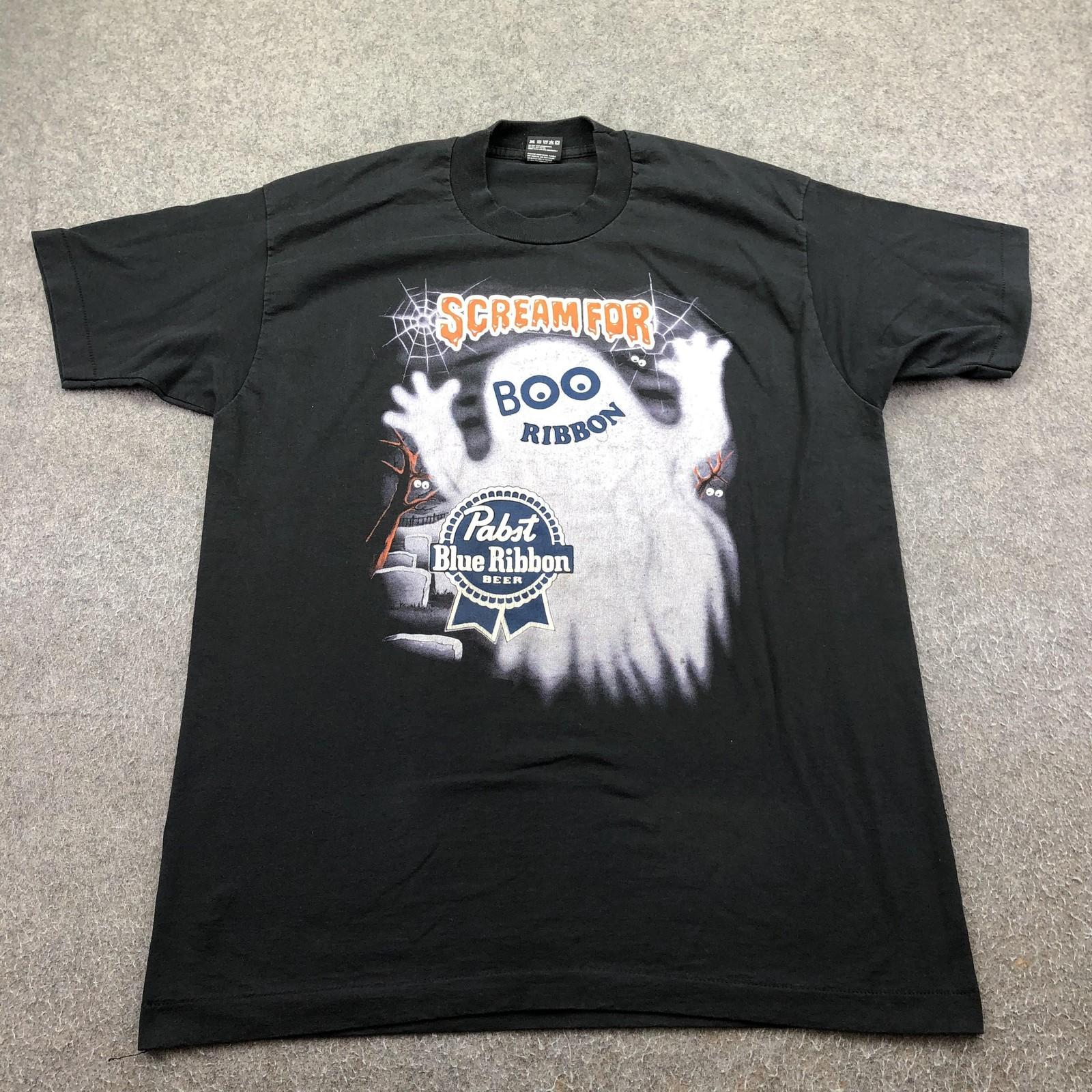 Vintage Pabst Blue Ribbon Shirt Mens XL Black Boo Ribbon Beer Halloween Ghost Unisex T-Shirt S