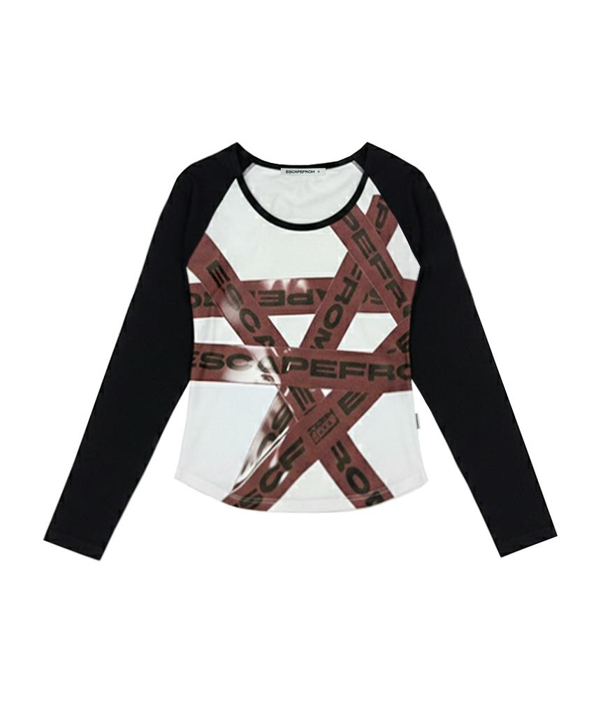 ESCAPEFROM Tape Detail Printed U-Neck Slim Long Sleeve [2 Colors]