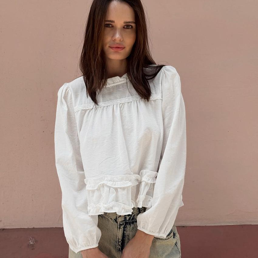1116 spring and summer new European and American pure cotton shirt women's design sense round neck wooden ear edge bubble sleeve pleated top
