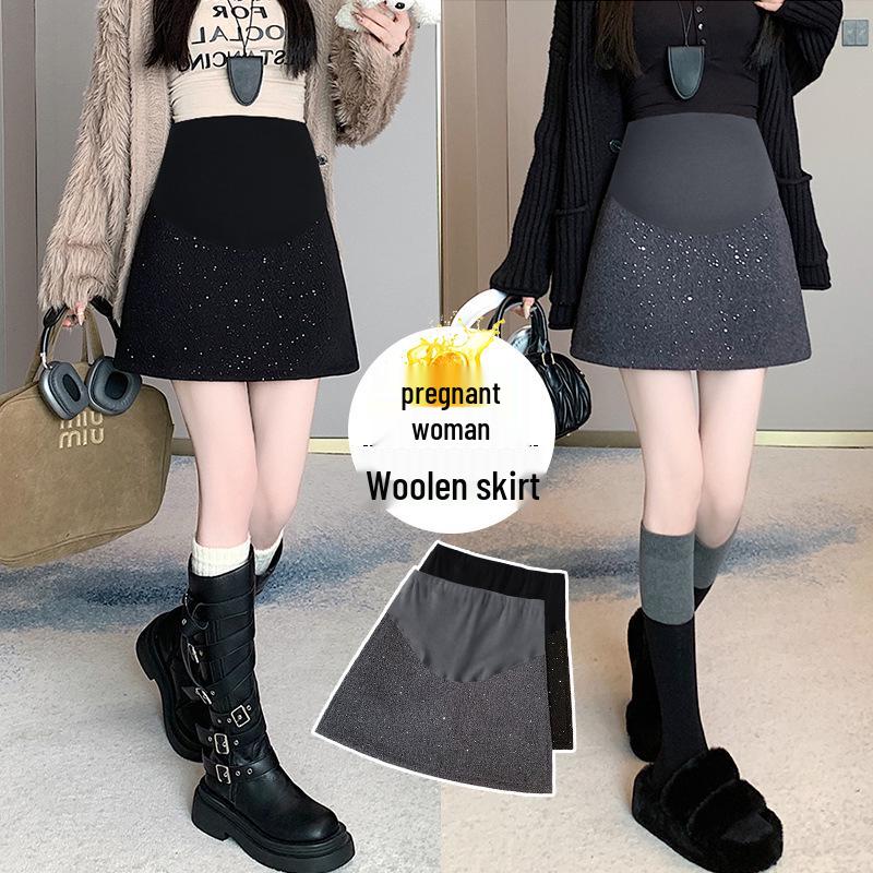 New Autumn-Winter Maternity Sequin Woolen A-Line High-Waist Skirt M