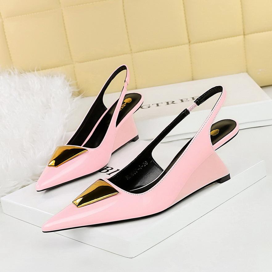 1097-K55 European and American women's shoes, high-heeled wedge heel patent leather hollowed-out rear strap, shallow mouth pointed metal decorative s