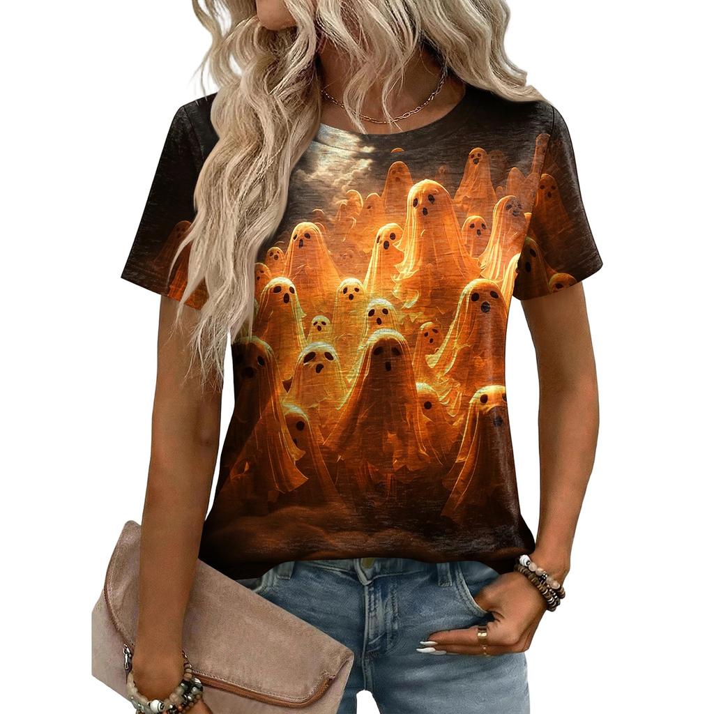 Women Casual Loose Fit Short Sleeve T Shirt Halloween Pumpkin Pattern Print Crew Neck Top Lightweight Soft Fabric