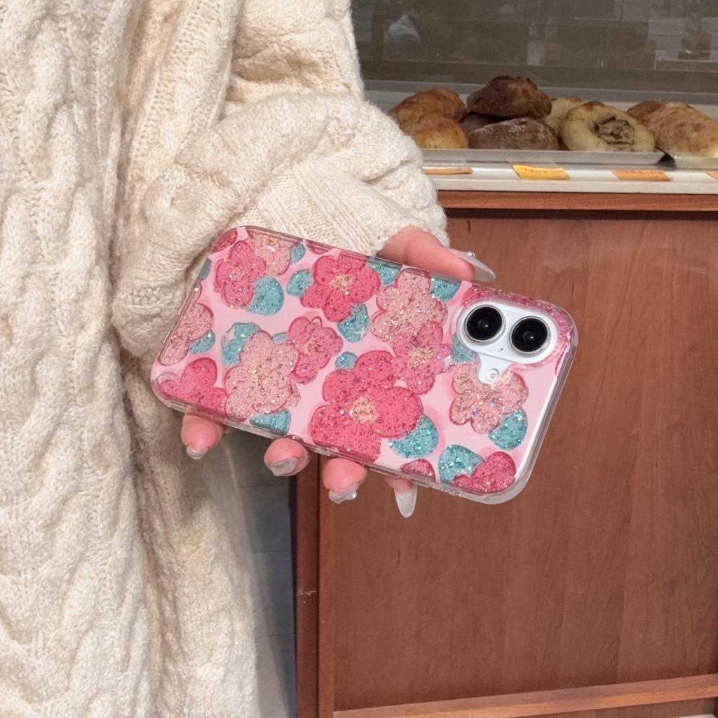 Frühlings-Rosa-Blumen-Hülle für Apple 16 iPhone 17 Pro Max Neu 15/14 Doppellagiger Glitzer