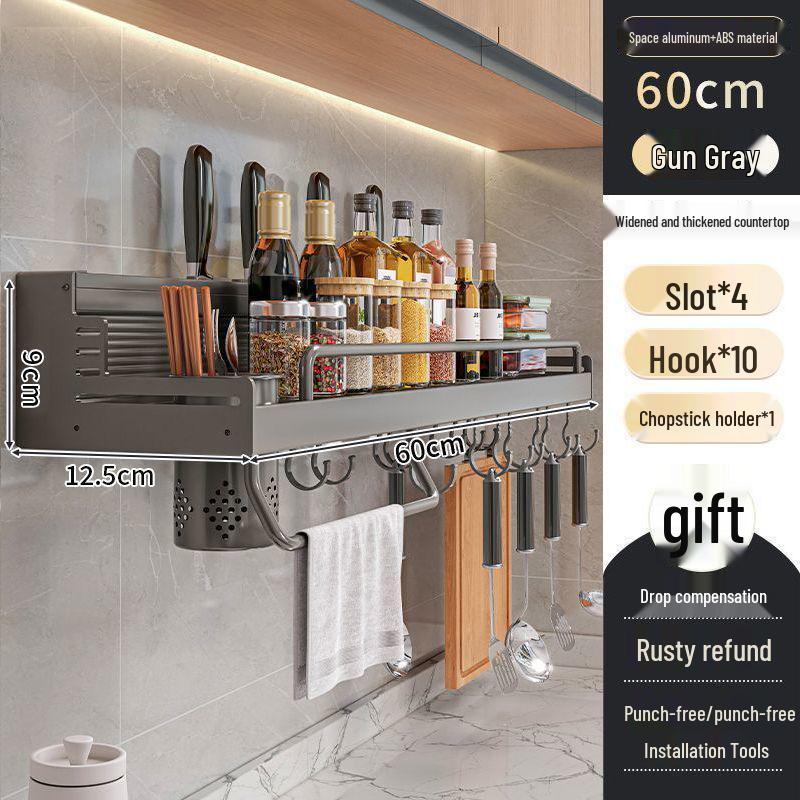 Punch-Free Aluminum Kitchen Wall Organizer: Multifunctional Rack for Utensils, Knives, Seasonings, and Chopsticks