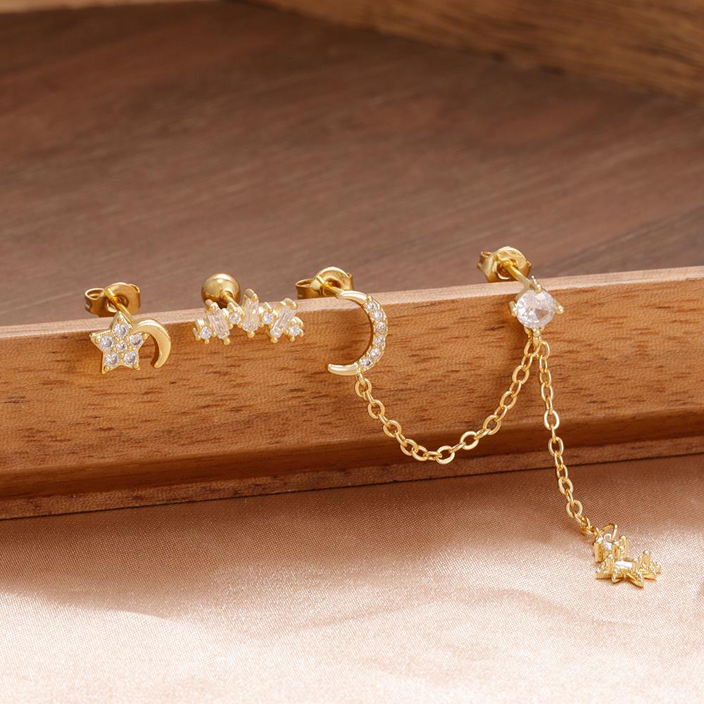New Arrival 3PCS Stainless Steel Fashion Tassel Chain Stud Piercing Earrings Set For Women Zircon Wedding Party Jewelry Gifts