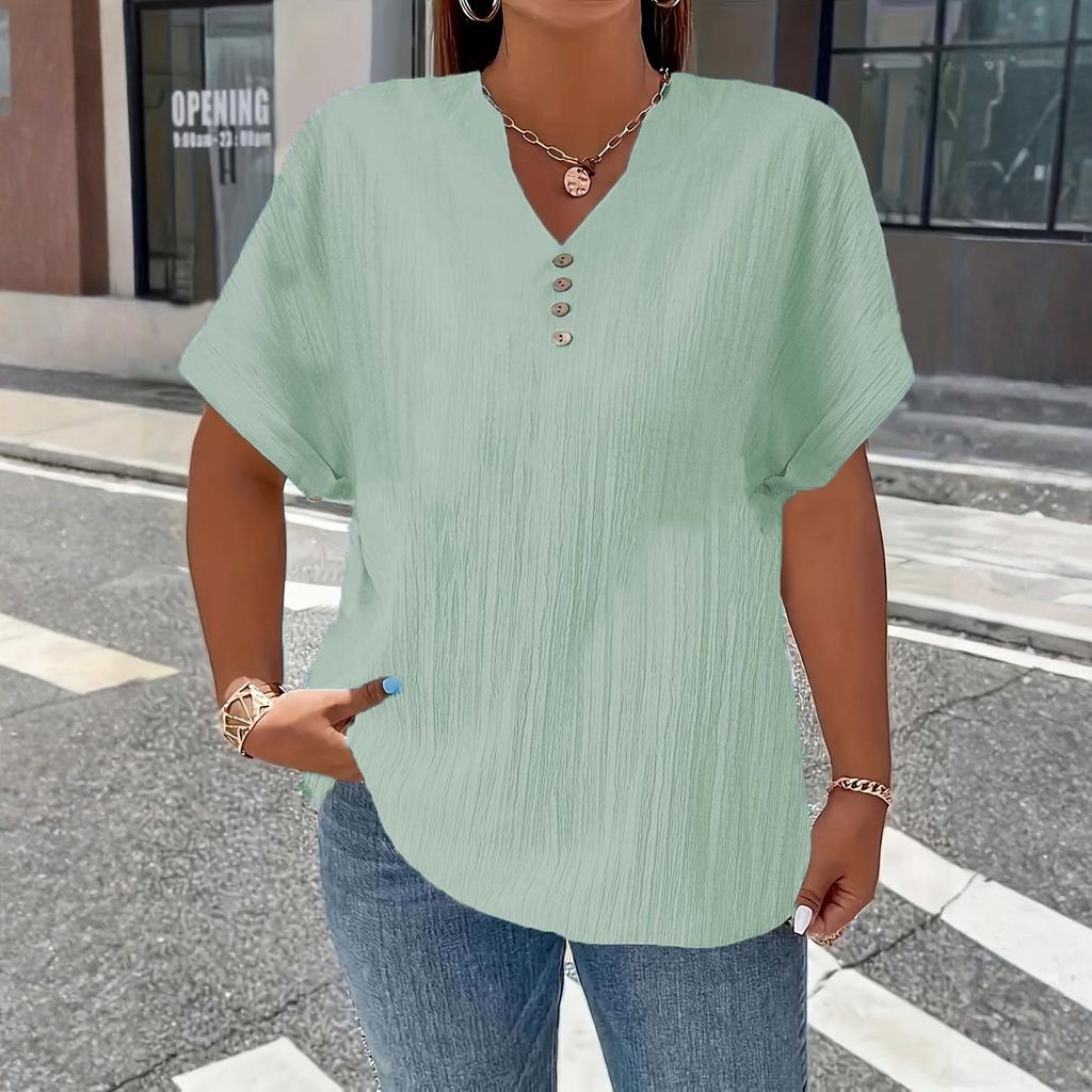 Women’s Short Sleeve V Neck Blouse with Button Loose Fit Tunic Top for Casual Daily Wear