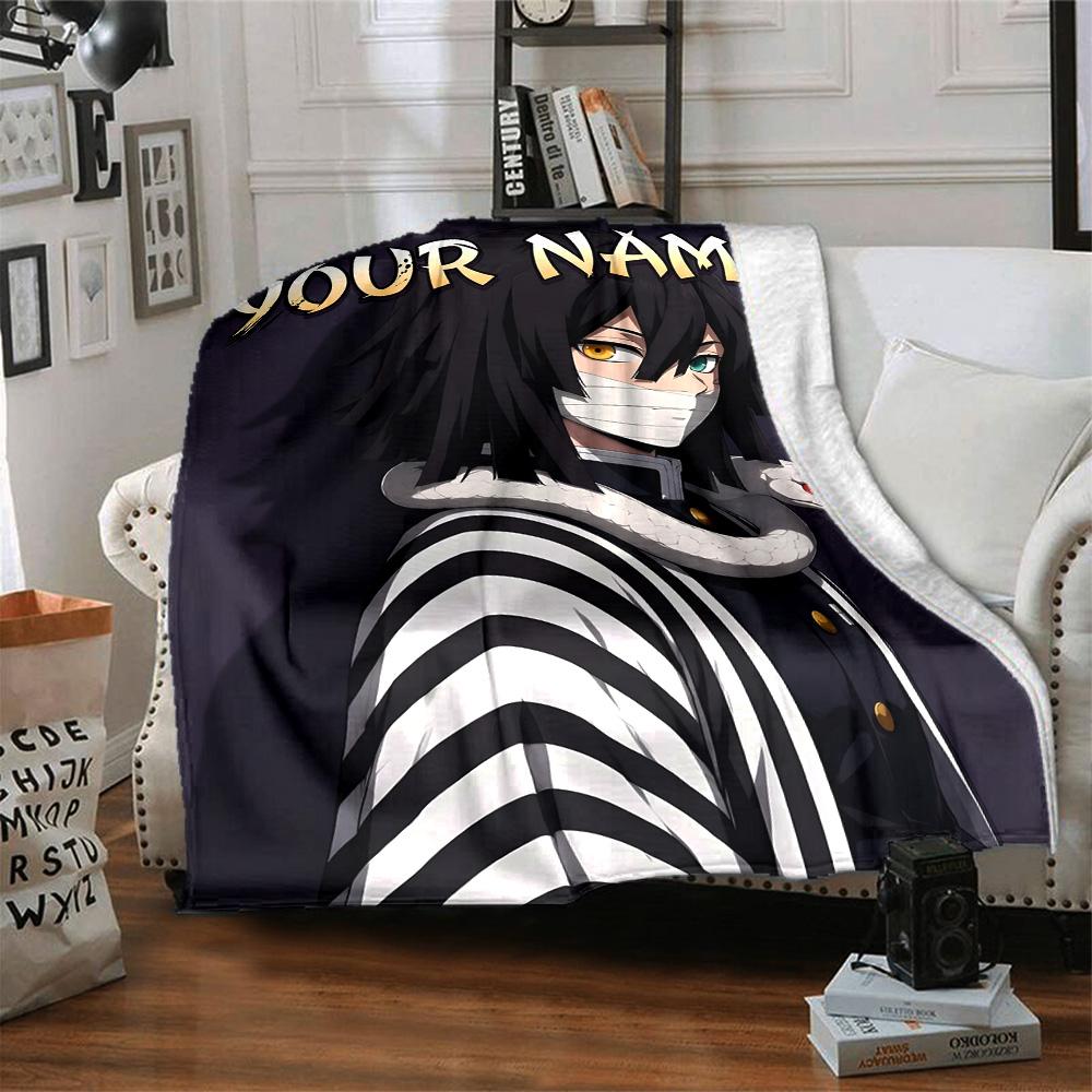 1pc Iguro Obanai Blanket with Custom Name, Gift, for Men and Women, Soft Blanket, Good for Sofa Bed Couch Travel, Lightweight Flannel Blanket