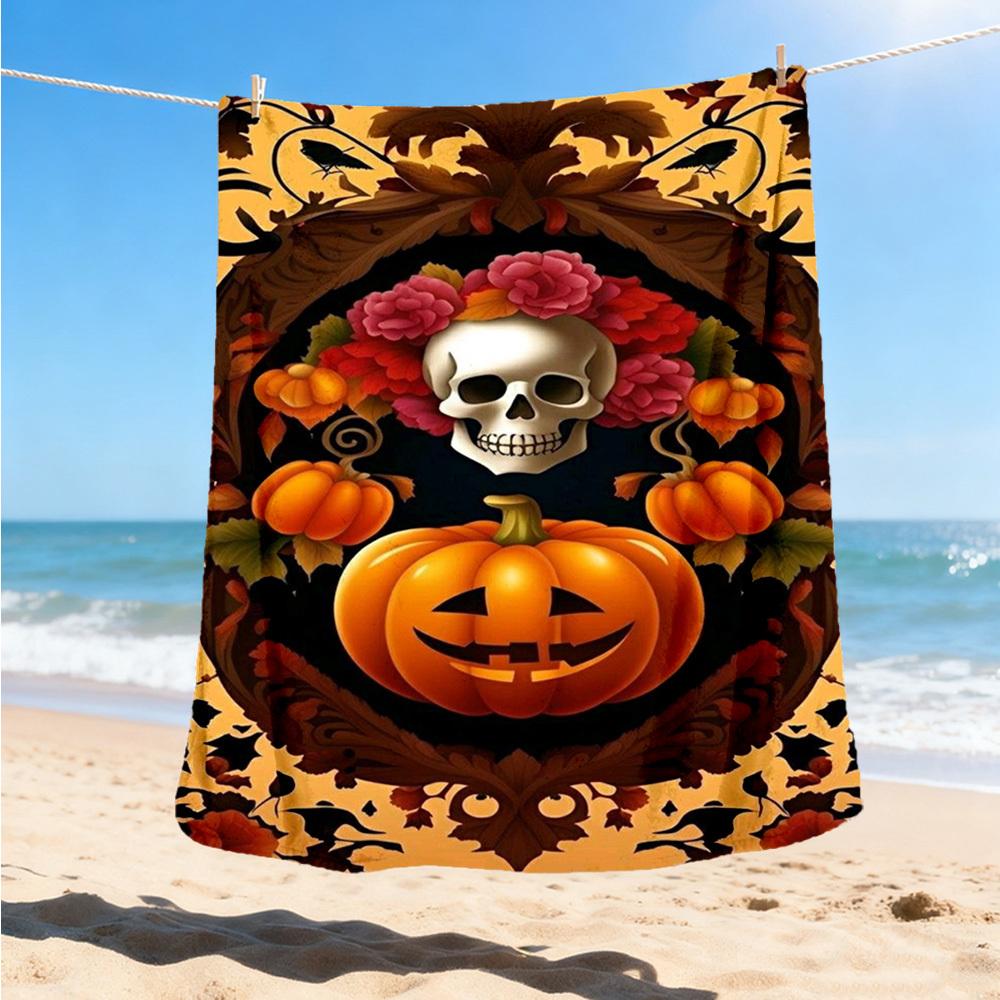 1pc Pumpkin Skull Art Print Outdoor Blanket, Lightweight Polyester,