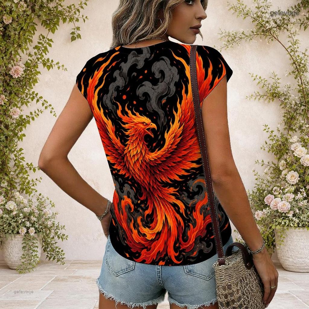 Women Plus Size V Neck Wide Short Sleeve Fire Phoenix Printed Black Straight Hem T Shirt