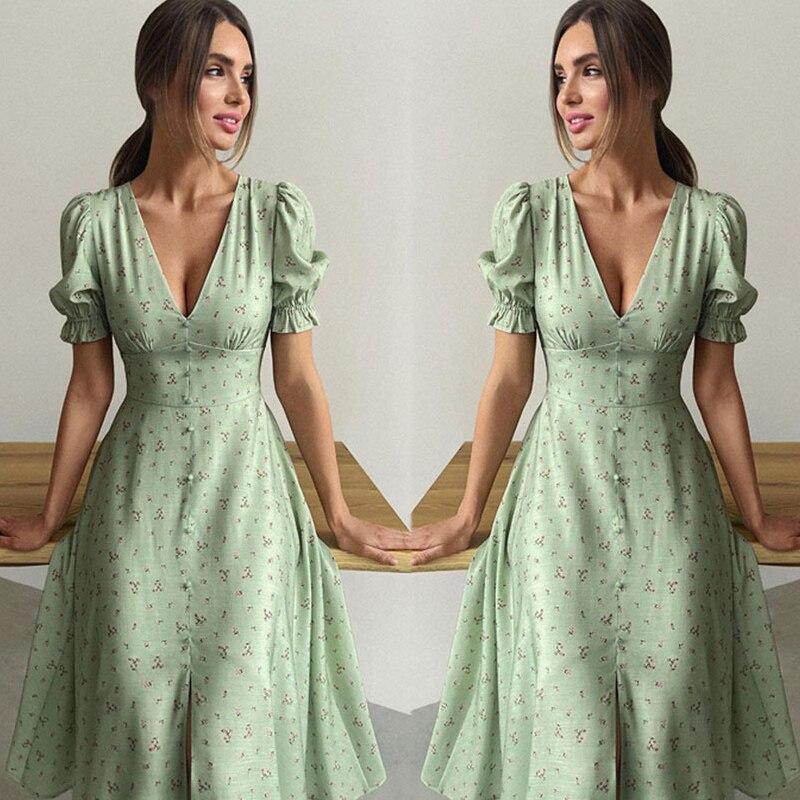 Summer Elegant Floral Printed V-neck Long Dress Women Office-lady Lantern Sleeve Dress With Button Fashion Slim Robe Femme 26226