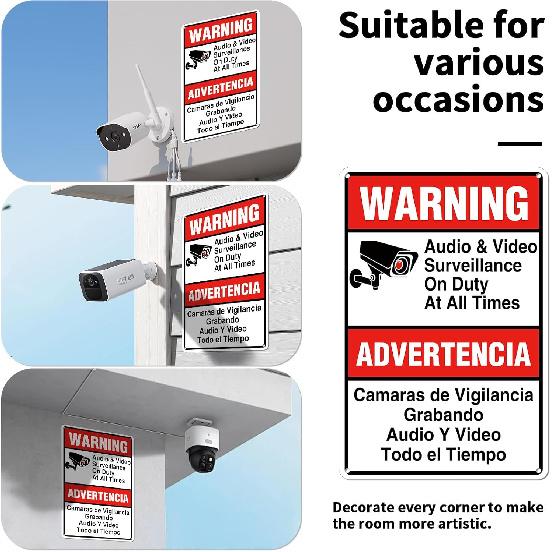 Señal de vigilancia de audio y video de advertencia - 7.8" x 11.9" - Señal de aluminio resistente, videovigilancia en inglés y español (151)