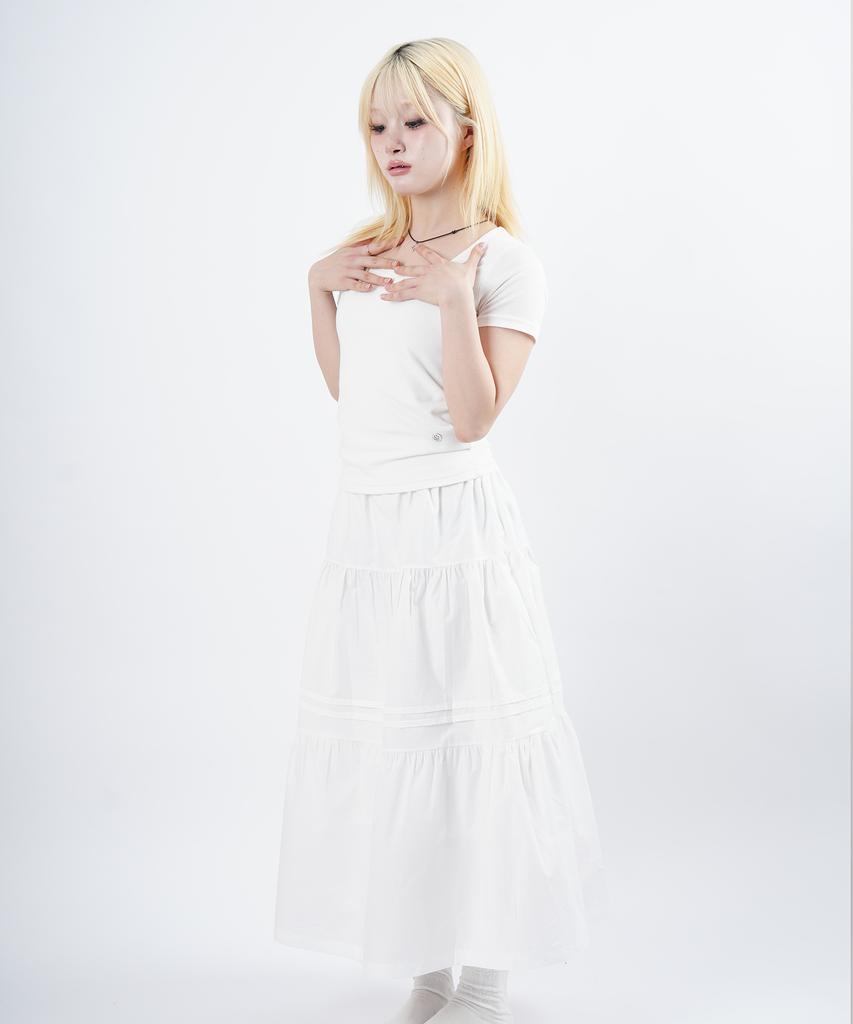 Starry Eyed Cotton Pintuck Long Tiered Skirt (White)