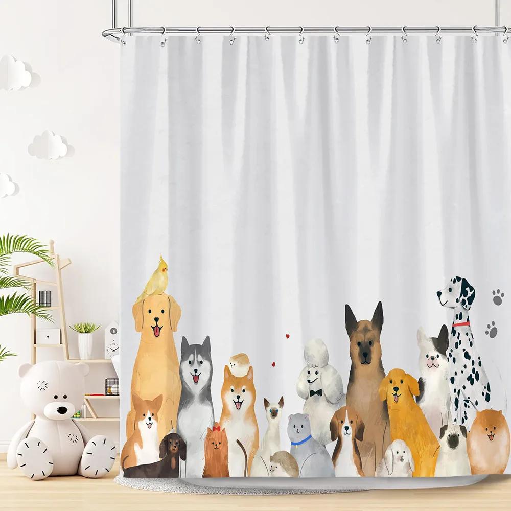 Lustiger Katze und Hund Duschvorhang Kinder Cartoon Niedliche Haustiere Badewanne Regenduschvorhänge Polyester Badezimmerdeko mit Haken