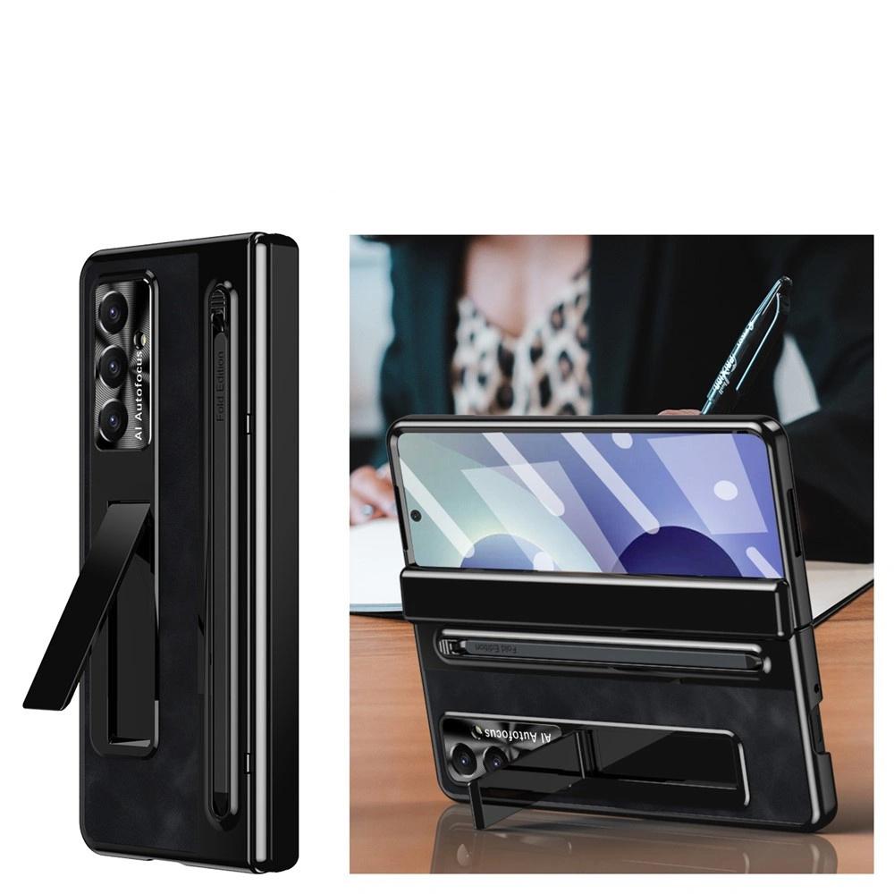 Samsung Galaxy Z Fold 8 Ultra Kickstand Retro Leather Case with Stylus and External Screen Glass, Black