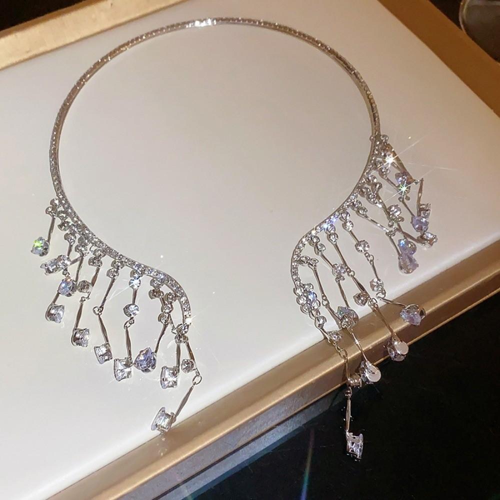 

Shining Bridal Tassel Necklaces Elegant Neck Chain Choker Luxury Rhinestone Jewelry Wedding StyleA Silver