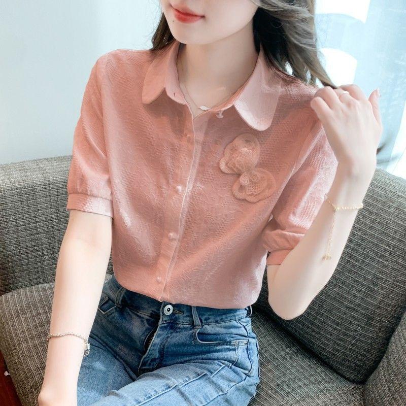 Summer New Style Jacquard Embroidery Casual Fashion Versatile Women's Short Sleeve Shirt