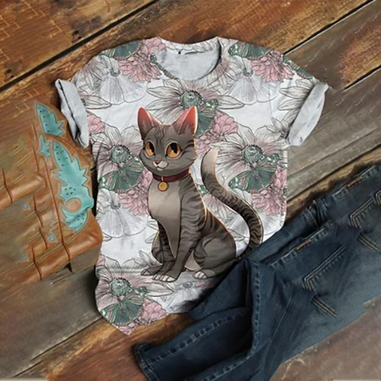 

Fashion Womens Loose Summer Print Round Neck Animal Pattern Short-sleeved T-shirt Top L білий