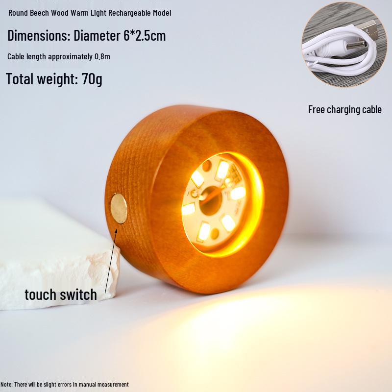 Round LED Night Light with Luminous Crystal Ball and Wooden Base for Bedroom