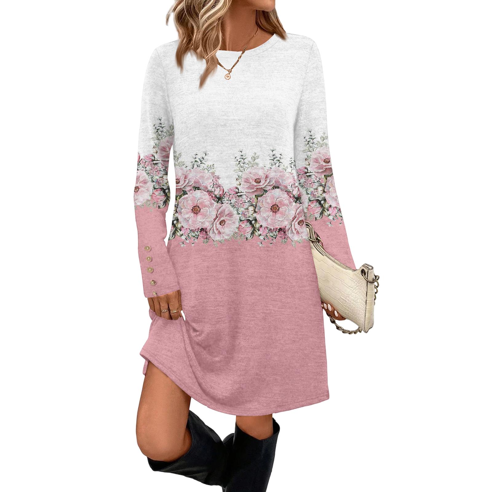 

Женское модное повседневное платье с карманом, декоративными пуговицами, круглым вырезом и длинными рукавами M розовый