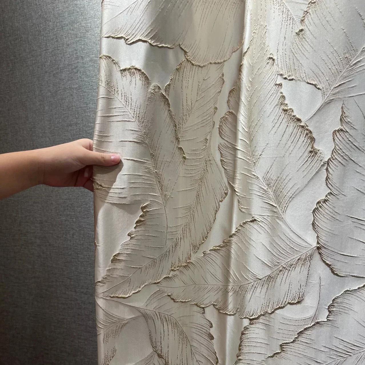 Hoge-precisie Goudkleurig Draad Beige Blad Driedimensionale Gordijnen voor Woonkamer Slaapkamer Maatwerk W100cmxH250cm 1PC&Grommet Top