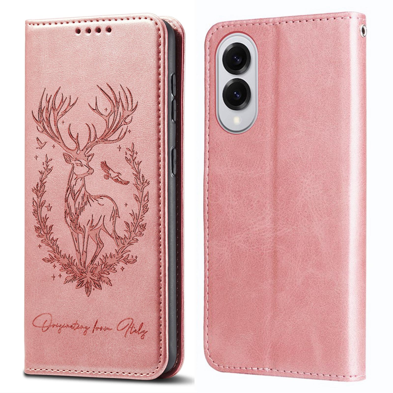 

For Samsung Galaxy S25 Edge Stand Case Lucky Deer Imprinted Magnetic Closure Leather Wallet Phone Cover Pink