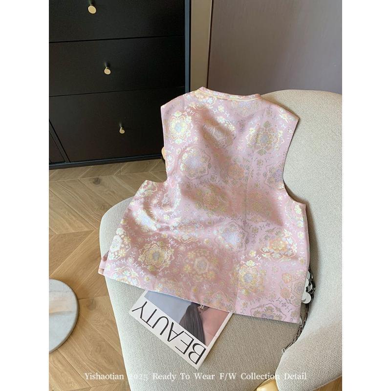 2025 early spring buckle satin embroidered jacquard vest, sleeveless top, vest for women