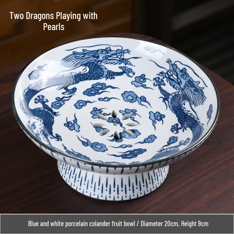 Blue & White Porcelain High-Footed Fruit Bowl for Tea Room or Coffee Table