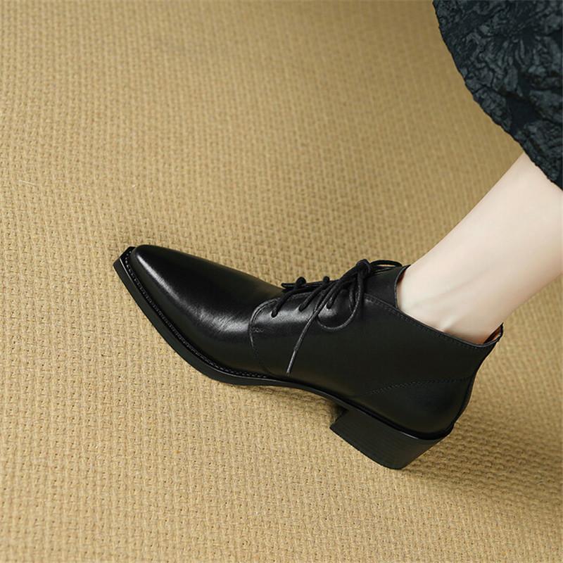 Fashion New Autumn/Winter Genuine Leather Women Shoes Pointed Toe Chunky Heel Ankle Boots for Women Lace Short Boots Zapatos De Mujer