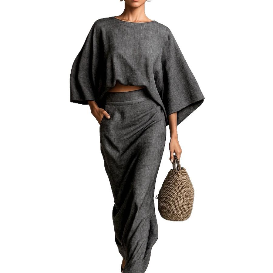 Hellbeiges Leinen Zweiteiler Set Cropped Top Langer Rock Lässiges Sommer Outfit