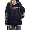 Contrasting fake two-piece splicing plaid cardigan navy blue sweater jacket trendy women