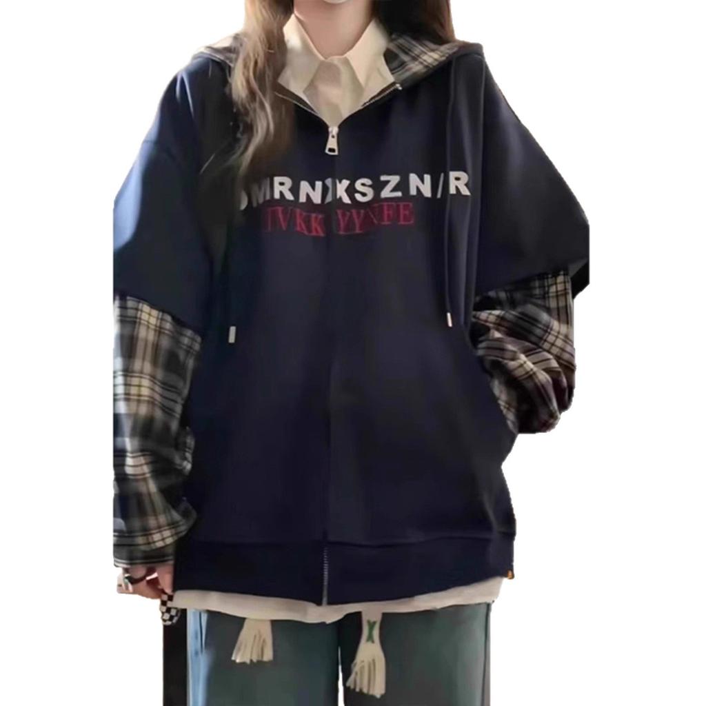 Contrasting fake two-piece splicing plaid cardigan navy blue sweater jacket trendy women