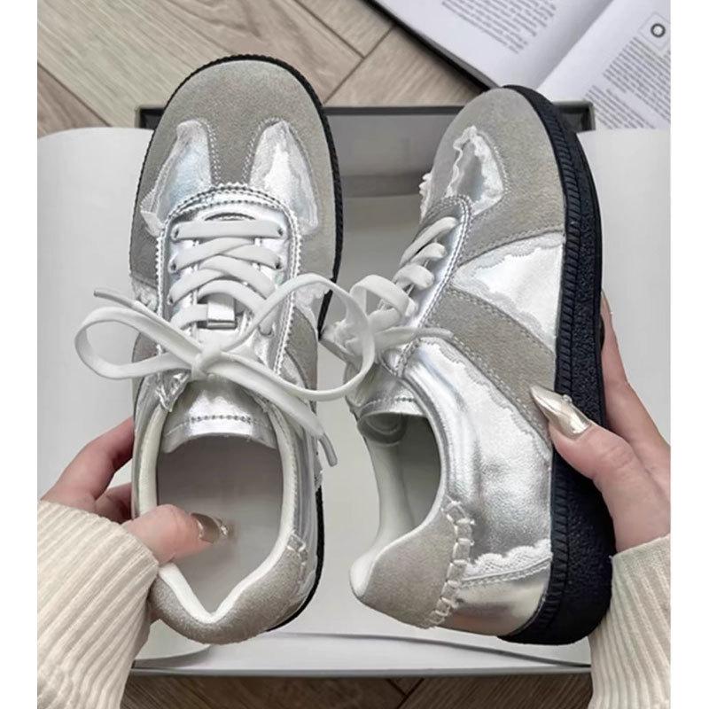Silver Sneakers Women's Summer Lace Color Matching German Training Shoes Ballet Platform White Shoes Casual Round Head Board Shoes