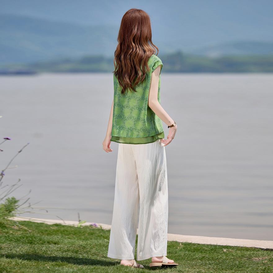 Light suit women's summer design sense retro printed top slim meat-covering wide-leg pants two-piece set