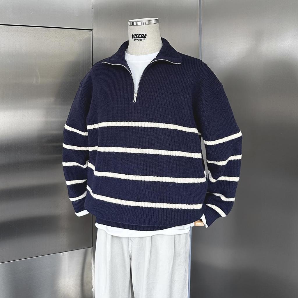 Men's Casual Striped Half-Zip Pullover Sweater - Stand-up Collar, Versatile Autumn/Winter Knitwear with High-End Feel
