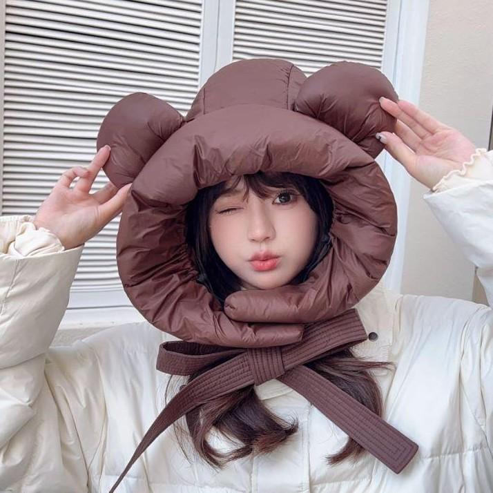 Autumn And Winter Cute Bear Ears Down Hat Women'S Northern Warm Ear Protection Lei Feng Hat Skiing Windproof And Cold Lace-Up