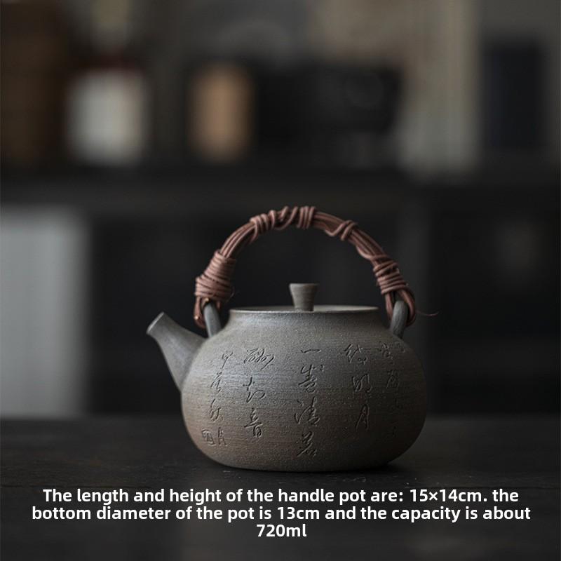 Chinese retro handmade wood fired teapot with lifting beam, tea maker, charcoal stove, boiling water kettle