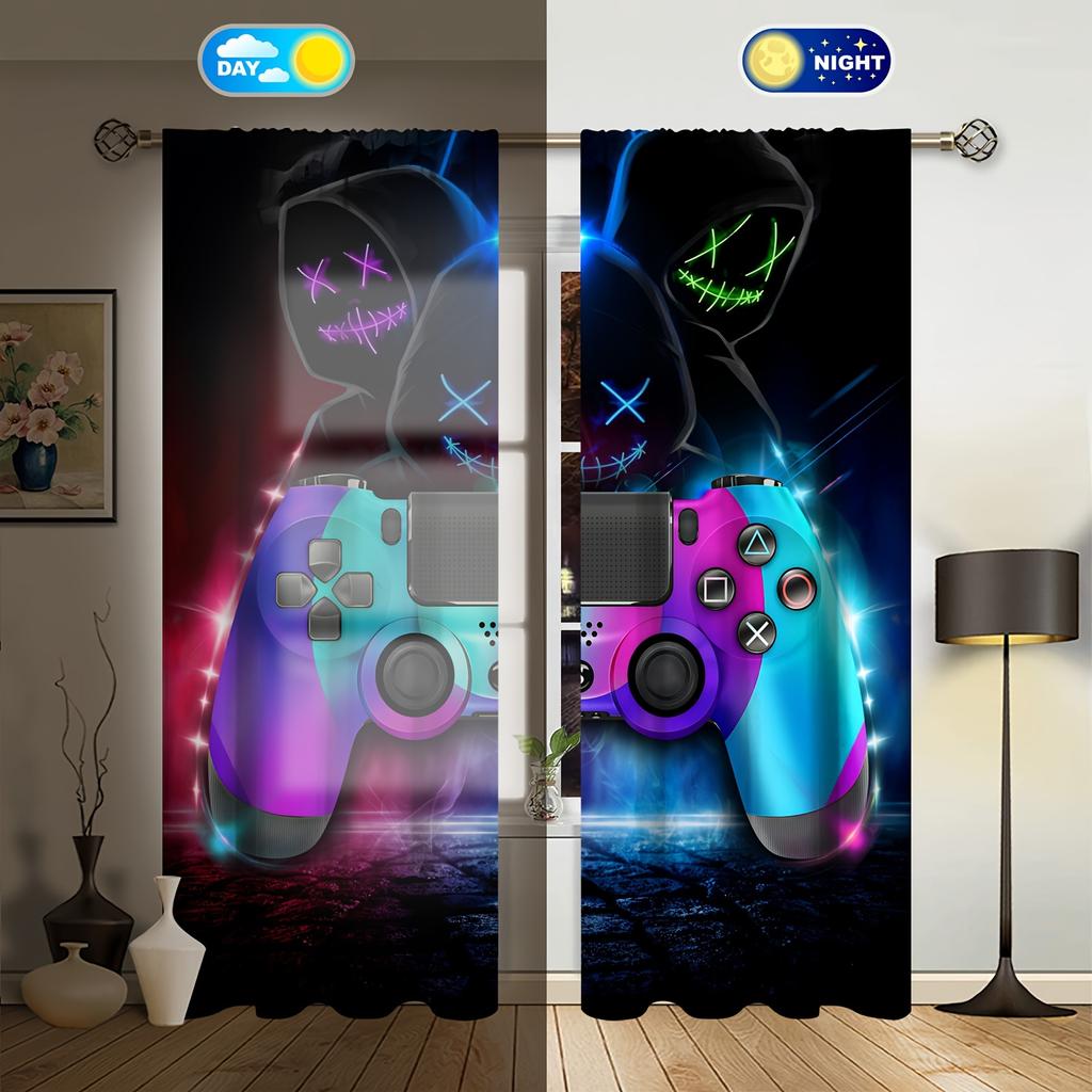 Zasłony Gamingowe Draperie Dziecięce Gamer Gry Wideo Zestaw Zasłon dla Chłopców Nowoczesny Kontroler do Gier Zasłona Materiałowa Zielony Gamer 2 Sztuki