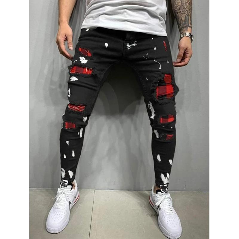 Pánské prošívané vyšívané džíny Úzké džíny Ripped Grid Strečové džínové kalhoty MAN Elastický pas Patchwork Jogging džínové kalhoty