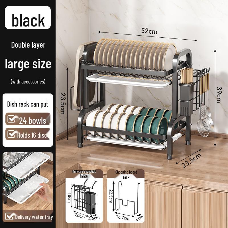 Égouttoir de cuisine multicouche pour bols, assiettes, couteaux et baguettes avec fonctionnalité d'égouttage sur le plan de travail