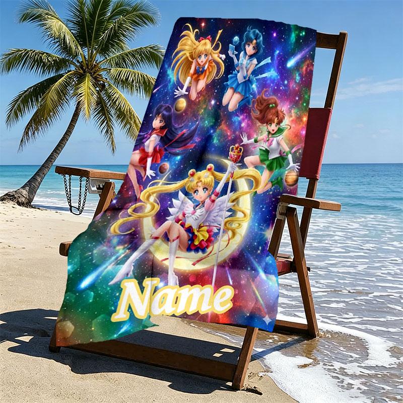 Custom Name Personalized Sailor Moon Print Beach Towel, for Trip Camping Beach Party Home Decor, Birthday Gift for Family & Friends