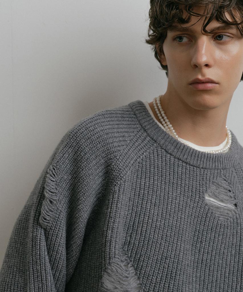 DUSTYWHITE Gray Loose Fit Destroyed Wool Knit Sweater