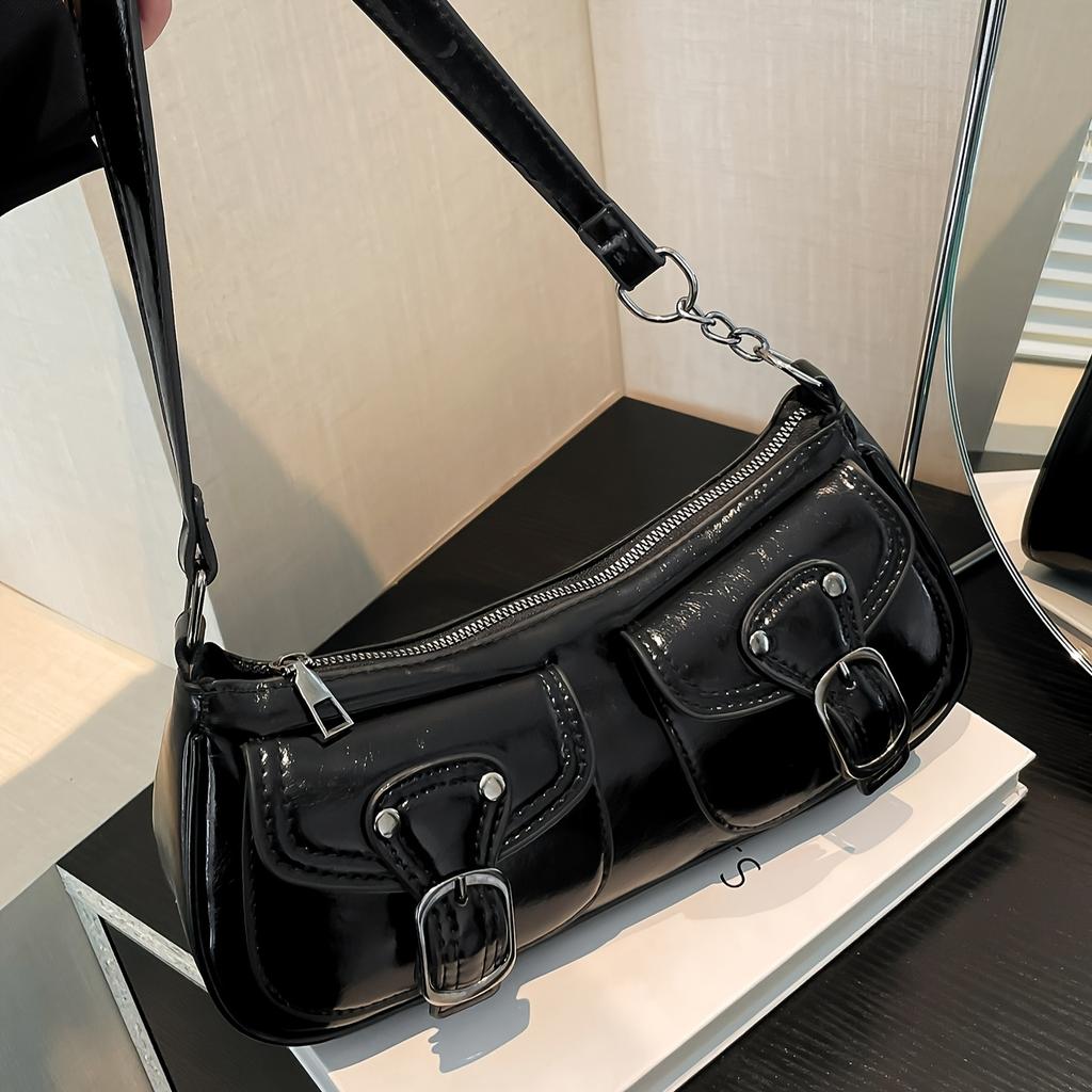 Stylish Women's Crossbody Bag Elegant Black Steampunk Shoulder Purse Zip Closure & Decorative Buckles Fashion Accessory Crossbody Purse