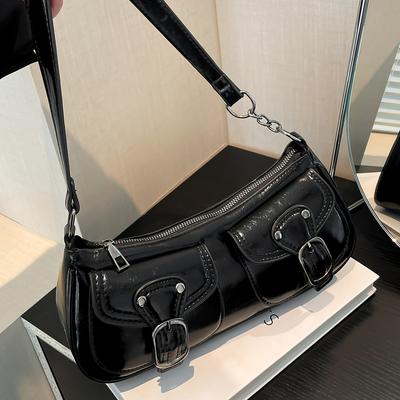 Sac Bandoulière Élégant pour Femmes Sac à Épaule Steampunk Noir Élégant Fermeture Éclair & Boucles Décoratives Accessoire de Mode Sac Bandoulière