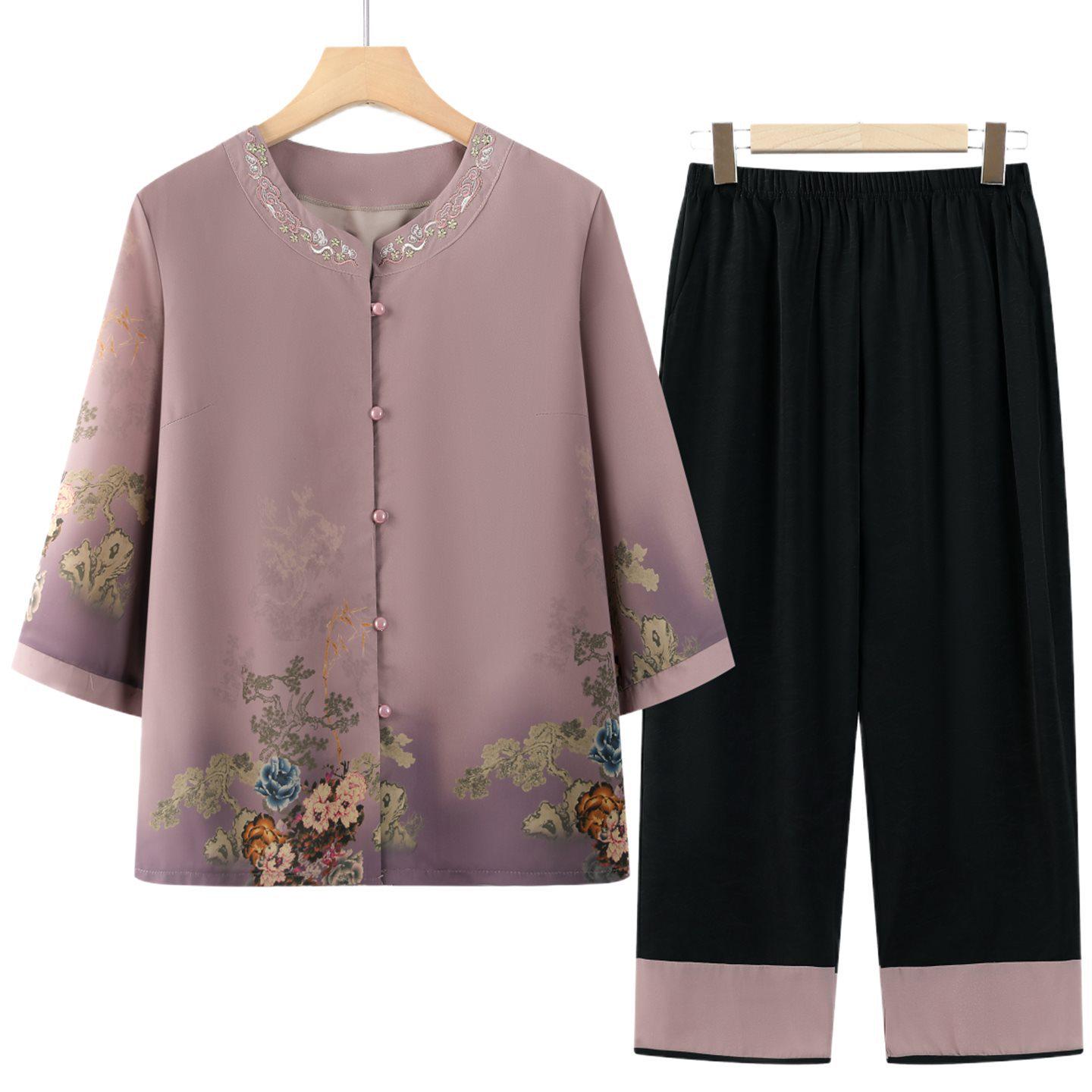 

Grandma Summer Two-Piece Set: Short-Sleeved Shirt & Stylish Pants for Middle-Aged and Elderly Women 2XL (suggested 50-57.5 kg)