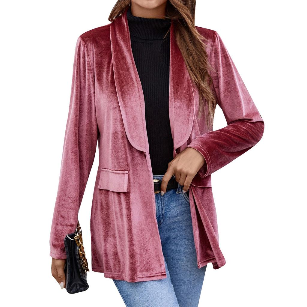 Womens Velvet Suit Jacket Long Sleeve Notched Lapel Button Coat Work Jacket With Pockets