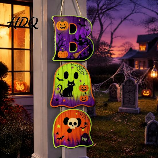 Layered Hanging Seasonal Ornament Halloween Wooden BOO Sign Creative Letter Pendants Vintage Ghost Pumpkin Black Cat